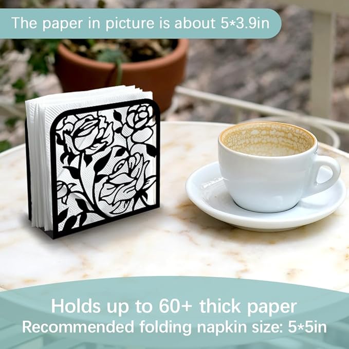 Rose Flower Decorative Black Metal Napkin Holder for Table, 4.9" x 4.9" x 1.9" Standing Napkin Holder for Home Kitchen Restaurant Picnic Party Coffee Bar Dining Room
