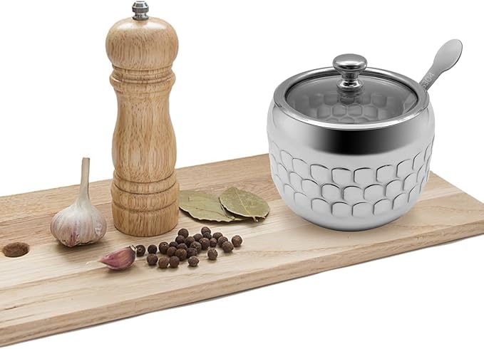 Stainless Steel Sugar Bowl Coffee Seasoning Jar Condiment Pot Spice Container Canister Cruet with Glass Lid and Spoon