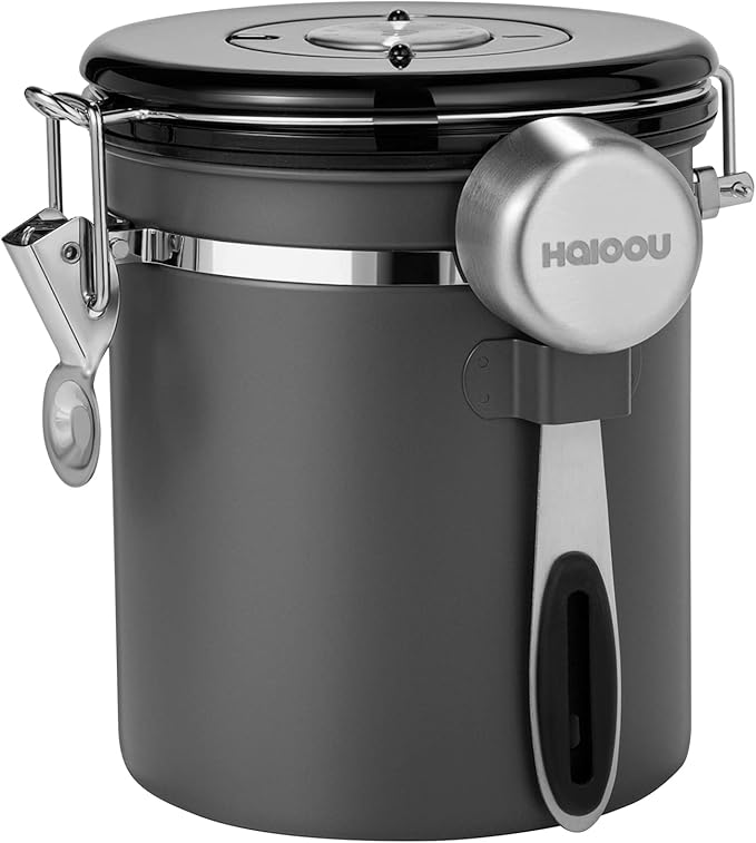 HAIOOU Airtight Coffee Canister, 16OZ Small Stainless Steel Coffee Bean Storage Container with Date Tracker, Measuring Scoop, CO2 Releasing Valves and Mini Tongs for Beans, Grounds and more - Gray