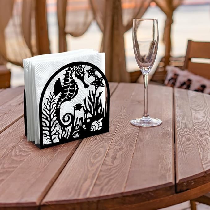 Seahorse and Coral Decorative Black Metal Napkin Holder for Table, 4.9" x 4.9" x 1.9" Ocean Standing Napkin Holder for Home Kitchen Restaurant Picnic Party Coffee Bar Dining Room