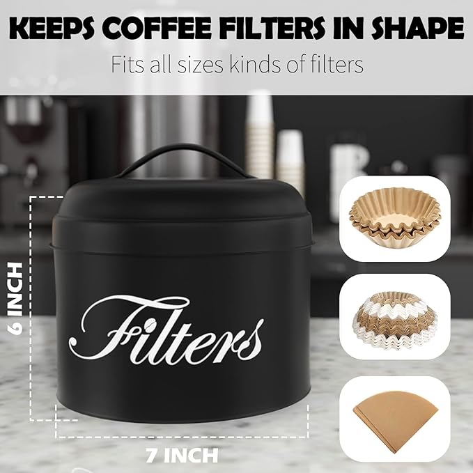 Black Basket Coffee Filter Holder With Lid - Round Container for Counter Storage - Rustic Farmhouse Bar Accessories Decor