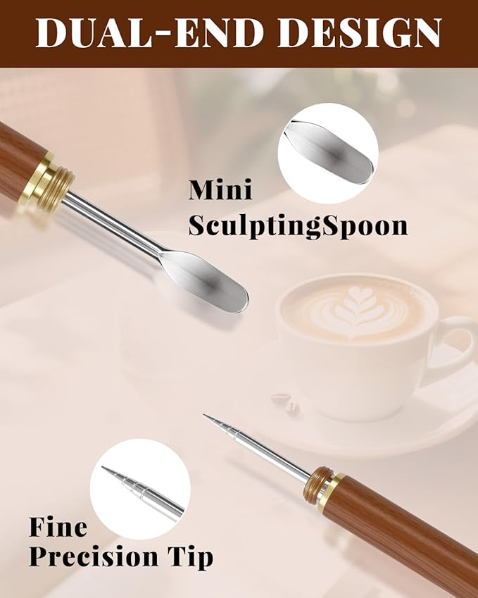 1PCS Latte Art Pen with Rosewood Handle, 304 Stainless Steel Coffee Needle & Mini Sculpting Spoon, Vintage Brass Cap, Latte Pen for Coffee Foam Etching, Coffee Bar Accessory