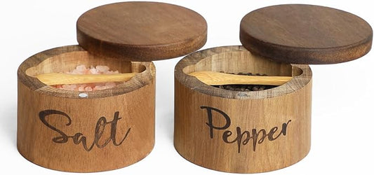 Acacia Wood Spice Box with Swivel Cover for Kitchen Countertop,Salt Keeper with Built-in Spoon,Modern Farmhouse Kitchen Decoror for Storing Seasonings (Labeled Salt & Pepper)