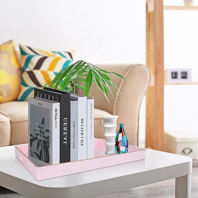 Gifturbo Pink Serving Trays,Decorative Serving Tray with Handles, Coffee Table Rectangular Trays Plastic Tray for Ottoman Bathroom,Living Room, 15.7” x 10.2” x1.37”