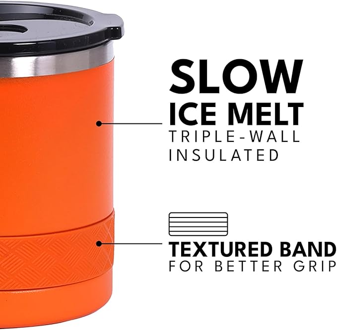 Elemental Recess Lowball Tumbler, 10oz Triple Wall Stainless Steel Cup with Non-Shattered Tritan Lid, Insulated Whiskey Glass, Insulated Coffee Tumbler Mug for Hot & Cold Drinks - Orange