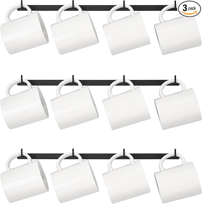 Dahey Metal Coffee Mug Rack Wall Mounted with 12 Mug Hooks, Set of 3, Mug Display Rack Cup Holder Storage for Kitchen Dining Room Coffee Bar, Black
