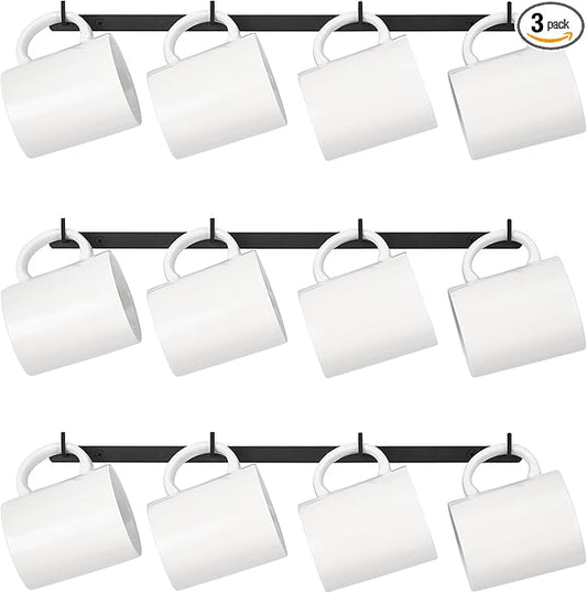 Dahey Metal Coffee Mug Rack Wall Mounted with 12 Mug Hooks, Set of 3, Mug Display Rack Cup Holder Storage for Kitchen Dining Room Coffee Bar, Black