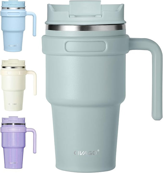 CIVAGO 20 oz Tumbler Mug with Lid and Straw, Insulated Travel Coffee Mug with Handle, Double Wall Stainless Steel Vacuum Coffee Tumbler, Thermal Coffee Cup, Flip lid, Sage Green