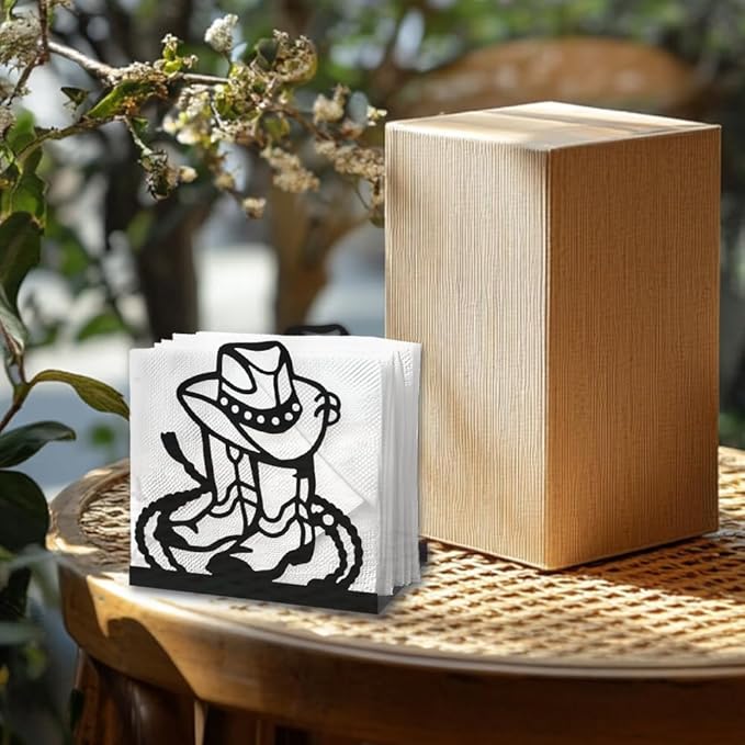 Cowboy Boot Decorative Black Metal Napkin Holder for Table, 4.9" x 4.9" x 2" Western Hat Lasso Standing Napkin Holder for Home Kitchen Restaurant Picnic Party Coffee Bar Dining Room