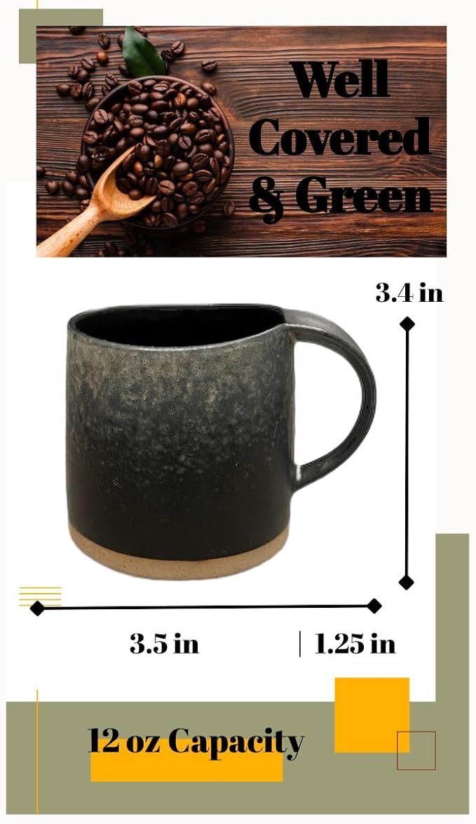 Well Covered & Green Original Night Glazed Ceramic Coffee Mug Set - 2 Vintage Japanese Style Cappucino Coffee Mugs - Stoneware Mug & Matcha Cup Gift Set - 2 x Black, 12oz