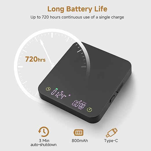 Mini Coffee Scale with Timer, 3kg/0.1g Espresso Scale Rechargeable with Flow Rate Display, Portable Digital Coffee Scale with Multiple Mode Timer for Espresso, Pour-Over, French Press