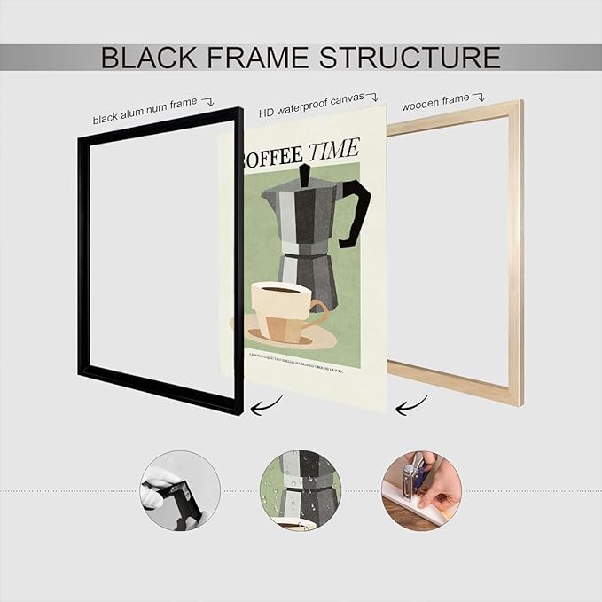 Trendy Coffee Cup Moka Pot Canvas Posters Coffee Time Wall Art Classic Minimalist Coffees Drinks Prints Painting For Office Kitchen Cafes Wall Decor 12x16in Framed