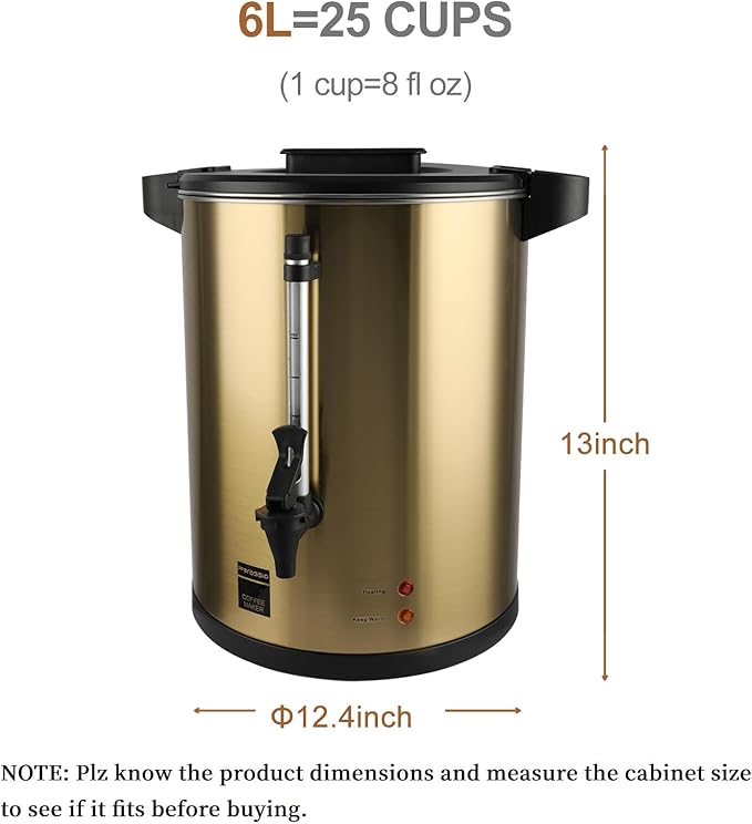 6L/25cup Coffee Urn, Fast Brewing, Double Wall, Beverage Dispenser, Commercial 304 Stainless Steel Hot Water Urn, Electric Percolator, Large Coffee Maker for Catering, Home, Wedding, Gold