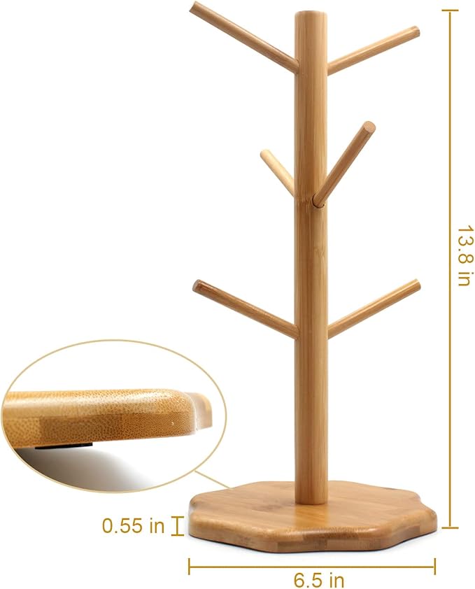 Bamboo Countertop Mug Tree Stand with 6 Hooks, Octagon Base Coffee Cup Tree
