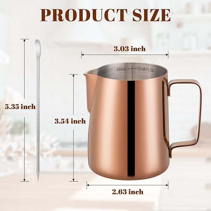 Milk Frothing Pitcher, 12 oz Milk Frother Cup with Clear Scale, 304 Stainless Steel Cappuccino Espresso Machine Accessories for Barista Coffee Bar with Latte Art Pen, Rose Gold
