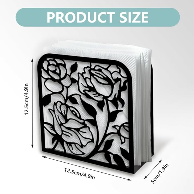 Rose Flower Decorative Black Metal Napkin Holder for Table, 4.9" x 4.9" x 1.9" Standing Napkin Holder for Home Kitchen Restaurant Picnic Party Coffee Bar Dining Room