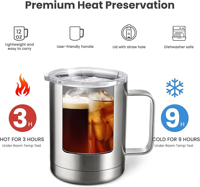 MEWAY 12oz Coffee Mug With Handle 4 Pack Bulk,Stainless Steel Insulated Travel Tumblers With Sliding Lid,Double Wall Vacuum Camping Cup for Hot & Cold Drinks Tea (Mix,Set of 4)