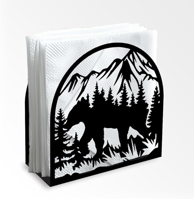 Forest Animals Mountain Decorative Black Metal Napkin Holder for Table, 4.9" x 4.9" x 1.9" Bear Standing Napkin Holder for Home Kitchen Restaurant Picnic Party Coffee Bar Dining Room
