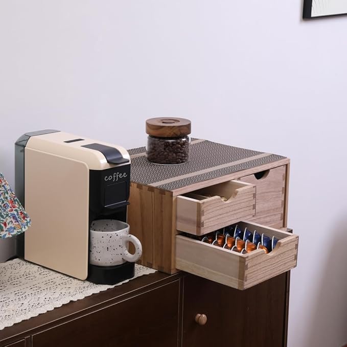 Capsules Coffee Storage Drawer for Pod K-cup Holder - Counter Organizer for Kitchen Utensil Storage - Wood Desktop Coffee Brewer Accessories Stand CF2D3C-LT