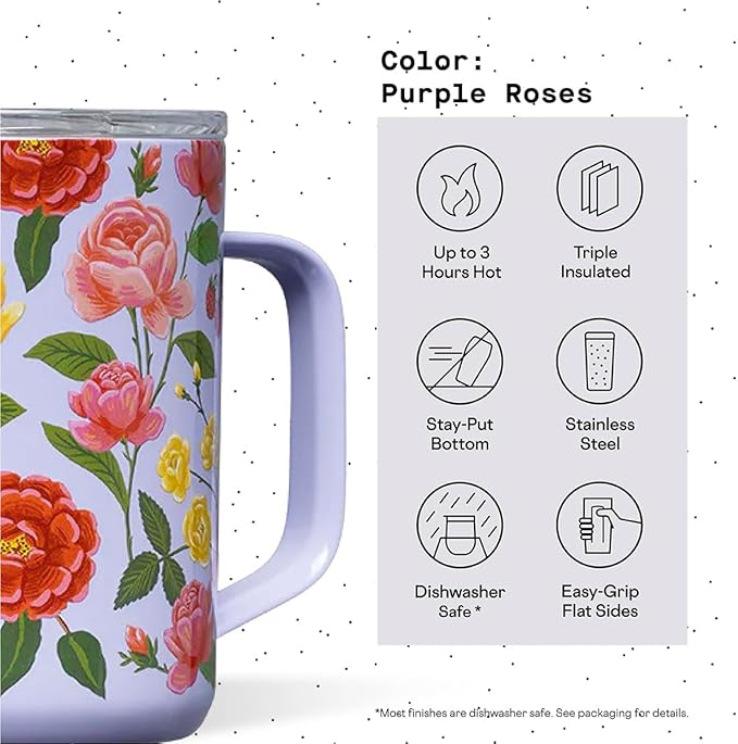 Corkcicle x Rifle Paper Co. Triple Insulated Coffee Mug with Lid and Handle, Roses Purple, 16 oz – Stainless Steel Travel Mug Keeps Beverages Hot for 3+ Hours – Non-Slip, Easy-Grip, Spill-Resistant