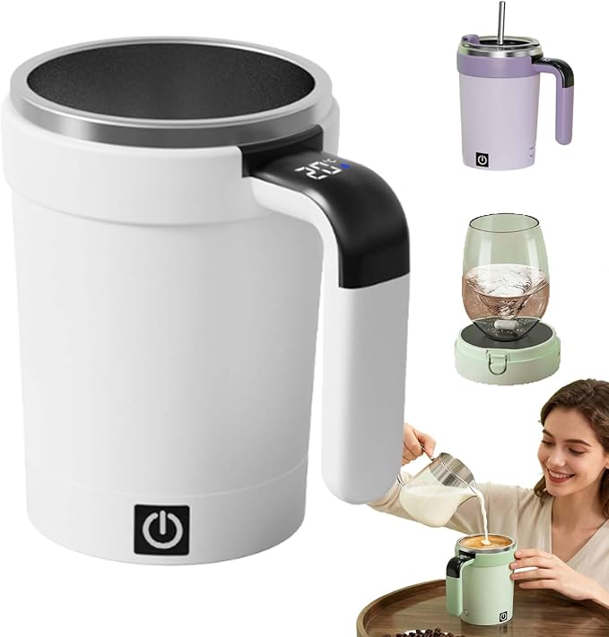 Yilia Automatic Magnetic Stirring Coffee Mug, 2026 New Electric Self Stirring Coffee Mug with Temperature Display, Rechargeable Auto Stirring Mugs with Lid for Coffee, Chocolate, Milk, Tea (White)