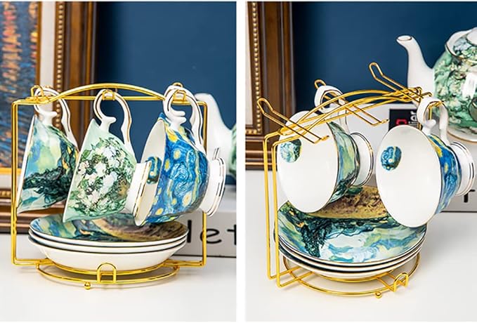 YY YEARCHY Coffee Mug Holder, Espresso Cups Holder Drainer Stand Metal Mug Tree Organizer with 6 Hook Hangers for Kitchen Counter and Tea Party (7.48 * 8.27", Gold)