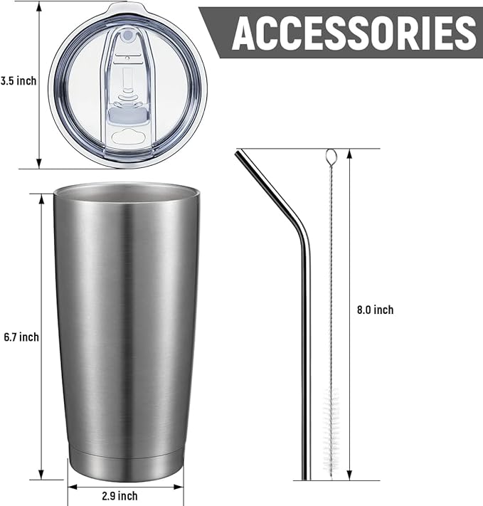 COMOOO 20oz Stainless Steel Tumbler Double Wall Vacuum Coffee Cup Insulated Travel Mug with Lid and Straw Durable Powder Coated Insulated Coffee Cup for Cold & Hot Drinks (Silver, 12 pack