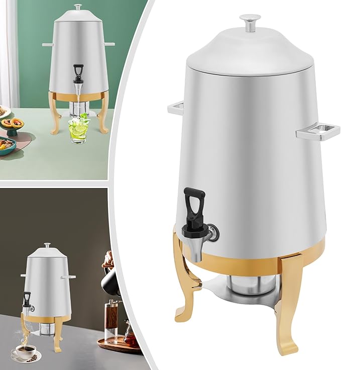 Stainless Steel Beverage Dispensers, Drink Dispenser with Fuel Holder & Base & Stainless Steel Faucet 3.4Gal Hot Beverage Dispenser, Commercial Coffee Urn for Hotels, Canteens（Gold Shelf）