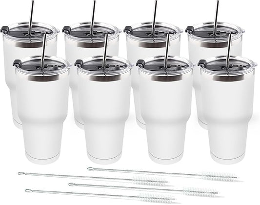 Amtidy 8 Pack 30oz Travel Mug, Powder Coated Stainless Steel Vacuum Double Wall Bulk Tumbler, Durable Insulated Coffe Cup with Splash Proof Lids straw and cleaning brush，for Home, Office, Party