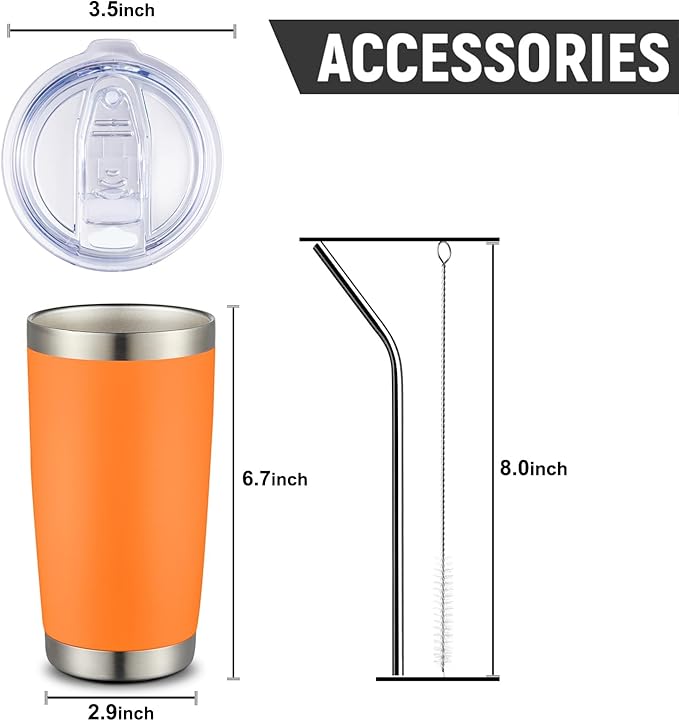 COMOOO 20oz 8 Pack Tumbler Double Wall Vacuum Insulated Coffee Travel Mug Stainless Steel Tumbler Bulk with Lid and Straw Insulated Coffee Cup for Cold & Hot Drinks (Orange, 8 Pack)