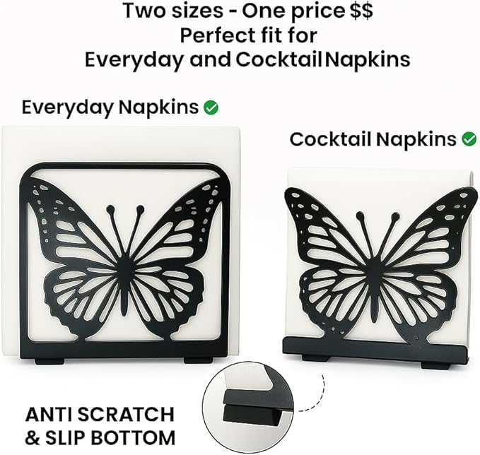 Butterfly Napkin Holder Set – 2 Pack Metal Stand for Everyday & Cocktail Napkins | Modern Black Decorative Coffee Filter Holder for Kitchen, Coffee Bar, Party, Dining Table & Gift