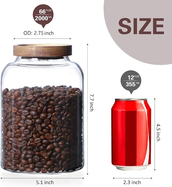 MOLFUJ 2000ML 66FL Oz Glass Storage Container with Wood Lid Large Decorative Organizer Bottle Canister Pantry Jar with Air Tight Wooden Lid for Food Coffee Candy Cereal Rice Flour Pop Spaghetti