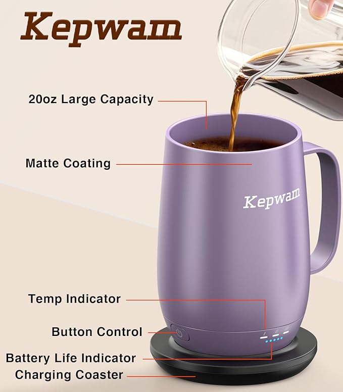Heated Coffee Mug T2-Plus, 20oz Leading Large Capacity Self Heating Coffee Mug, Up to 8 Hrs Battery & Hot Up to 149℉, Smart Coffee Mug for Women, Men