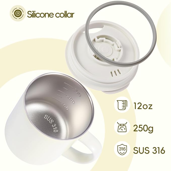 12oz Insulated Camping Coffee Mug with Lid & Handle, Double Wall Stainless Steel Vacuum Travel Coffee Cup, Reusable Tumbler for Home Office Camping - White