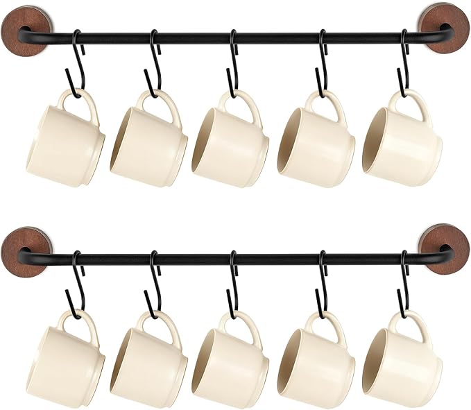 Mkono Mug Holder Wall Mounted Mug Rack Metal Coffee Cup Holder with 10 Hooks Rustic Utensils Storage Organizer Display Hanger for Kitchen Dining Room Coffee Bar Accessories,Set of 2,Brown