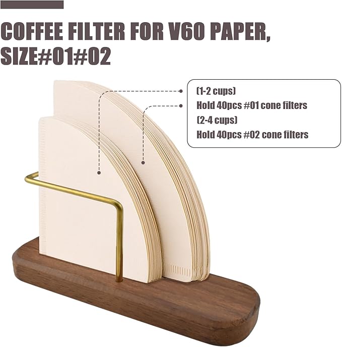 Coffee Filter Holder Storage, Stand Coffee Filter Container Compatible with V60 Paper Coffee Filters Size #01 and #02, Walnut and Brass