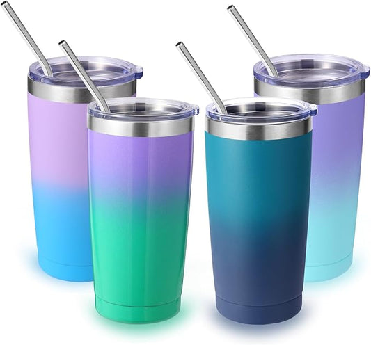 Volhoply 20oz Stainless Steel Tumbler with Lid and Straw Bulk 4 Pack,Double Wall Insulated Travel Iced Coffee Mug Fits Cup holder,Powder Coated Cups for Hot/Cold Drinks,Gifts for Women（Assorted,4 Set）