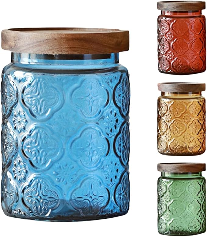 Vintage Glass Storage Jar with Solid Wood Lid - Sunflower Kitchen Canister for Coffee, Candy, Laundry Detergent - Cute Food Storage Jar for Pantry, Countertop (4 color-Begonia Flower, 23.7 Ounces)