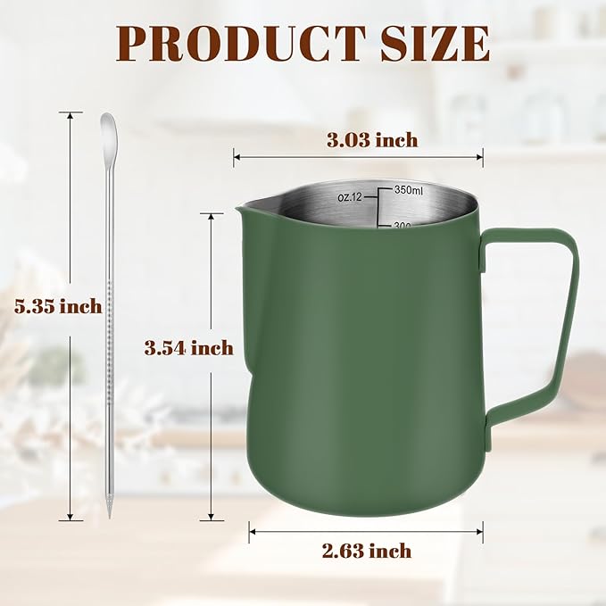 Milk Frothing Pitcher, 12 oz Milk Frother Cup with Clear Scale, 304 Stainless Steel Cappuccino Espresso Machine Accessories for Barista Coffee Bar with Latte Art Pen, Green