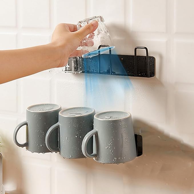 2pcs Mug Hooks Wall-Mounted Mug Holder, Coffee Cups Holder Hanger no Drilling,Mug Rack Hooks with 3 Cup Holders,Cups Storage Hooks for Kitchen, Living Room, Office (Black-3cup)