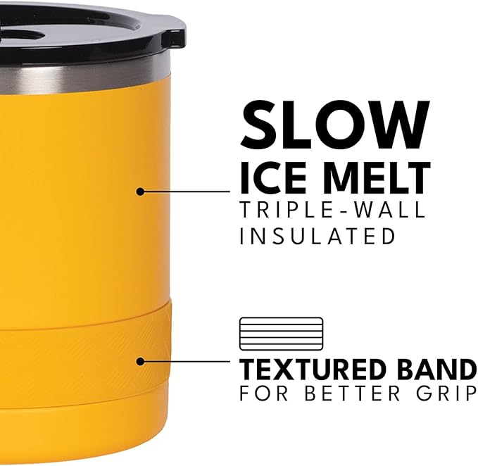 Elemental Recess Lowball Tumbler, 10oz Triple Wall Stainless Steel Cup with Non-Shattered Tritan Lid, Insulated Whiskey Glass, Insulated Coffee Tumbler Mug for Hot & Cold Drinks - Citrus