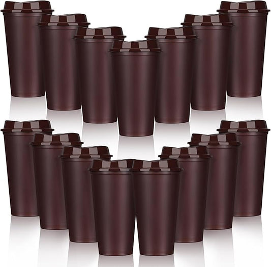 Domensi 15 Pack Reusable Coffee Cups with Lids 16 oz Disposable Travel Cups Bulk Plastic to Go Coffee Tumblers for DIY Hot Cold Drink Party Favors Coworker, Microwaveable (Brown)