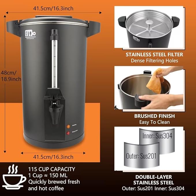 115-Cup 20L Commercial Coffee Urn, Festa Essential 1500W Double Wall Large Percolate Coffee Maker Stainless Steel Hot Water Urn Dispenser with Double Dripless Faucet, Quick-Brewing for Catering, Black
