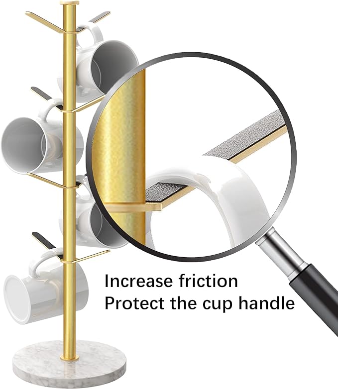 Gold Mug Holder Tree with Marble Base, 8 Hooks Coffee Cups Holder Stand, New Upgrad Stable Removable Mug Rack for Kitchen Cafe
