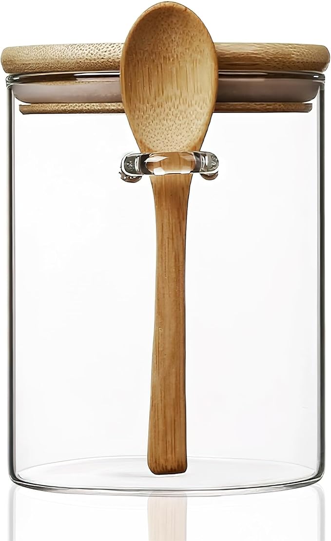 15 oz/450 ml Glass Storage Canister with with Airtight Lid, Cute Clear Decorative Container Jar with Wooden Spoon for Coffee Spice Candy Salt Cookie Condiment Sugar Matcha Tea Overnight Oats