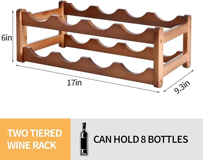 Wine Rack Countertop, 8 Bottle Wine Racks for Wine Bottles Storage Display, 2 Tier Wooden Wine Rack Free Standing Floor