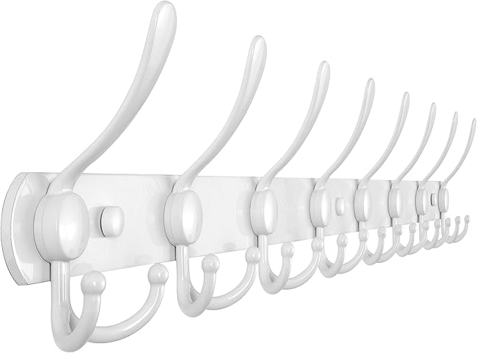 Dseap Coat Rack Wall Mount - 29.5” Long 8-Tri-Hooks Heavy Duty Coat Hanger Rail Wall Hooks for Hanging Coats Hats Clothing Clothes Purse Mudroom Entryway, White