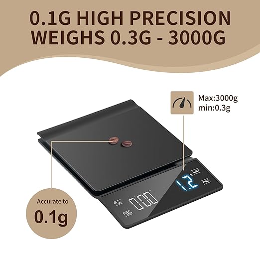 3kg/0.1g High Precision Coffee Scale with Timer, Backlit LCD Display, Tare Function, and Unit Conversion for Espresso, Pour Over, Drip Brewing