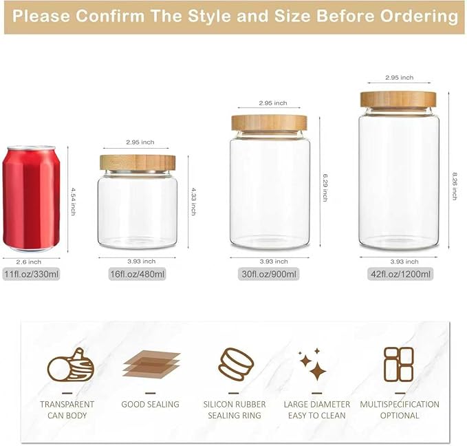 1200ML/42Oz Clear Cute Glass Storage Canister Holder with Airtight Bamboo Lid, Modern Decorative Large Container Jar for Coffee, Spice, Candy, Salt, Cookie, Condiment, Pepper, Sugar