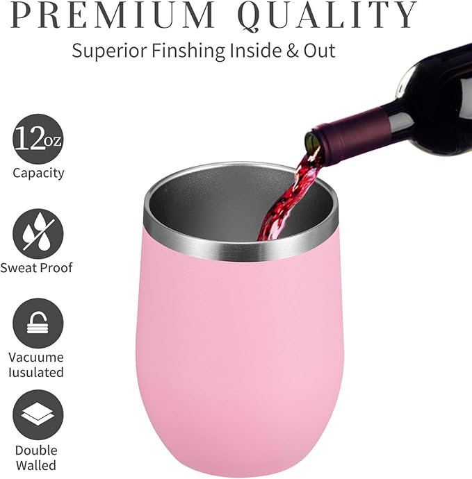 MEWAY 12oz/12 Pack Wine Tumbler Glasses with Lid -Double Wall Vacuum Stainless Steel Travel Tumbler Mug,Stemless Insulated Wine Cup for,Coffee,Cocktails,Gifts (Pink,Set of 12)